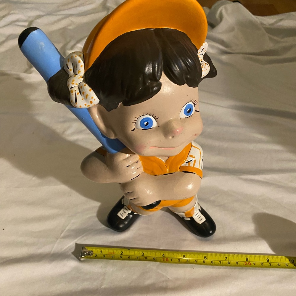 Vintage Baseball Player Ceramic Figurine with Blue Bat Ramada In Advertising